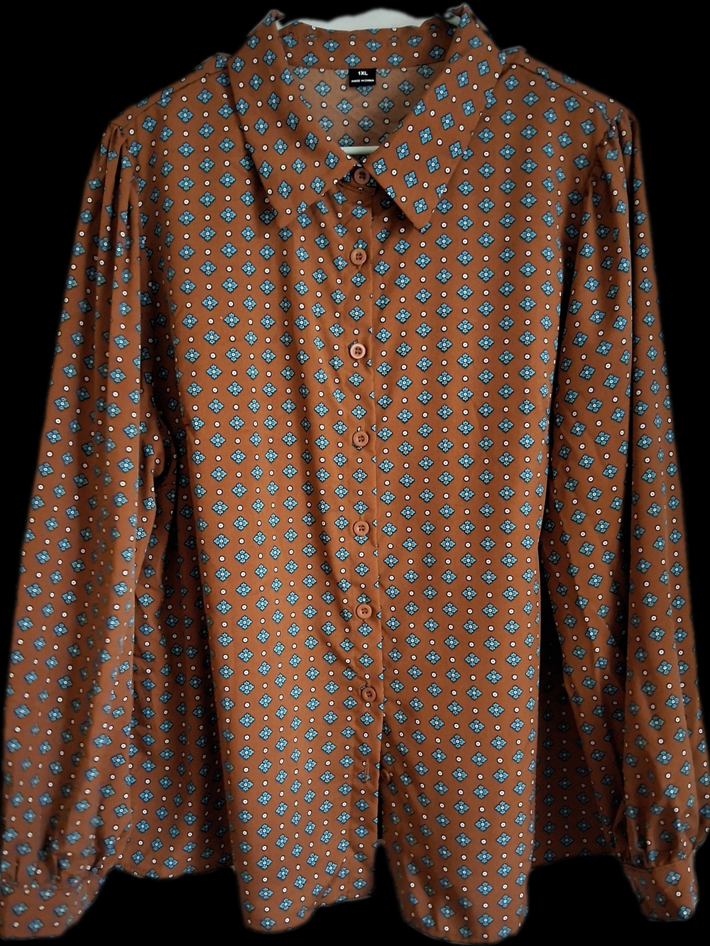 SHEIN Brown Button-Down Shirt with Blue Diamond Print